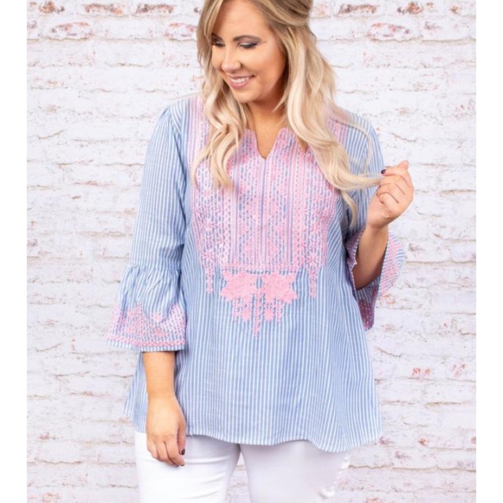 Andree Blue Striped Tunic with Pink Detail